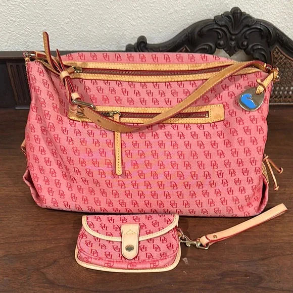 Dooney & Bourke Pink and Tan Shoulder Bag Set with Monogram Pattern - Picture 1 of 10